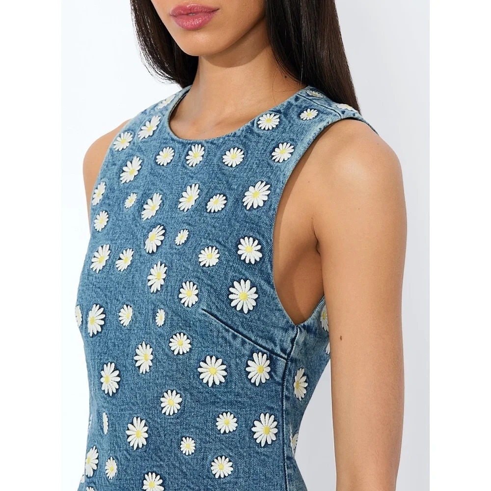 Alice + Olivia Wynell Floral Daisy Embroidered Mini Denim Dress